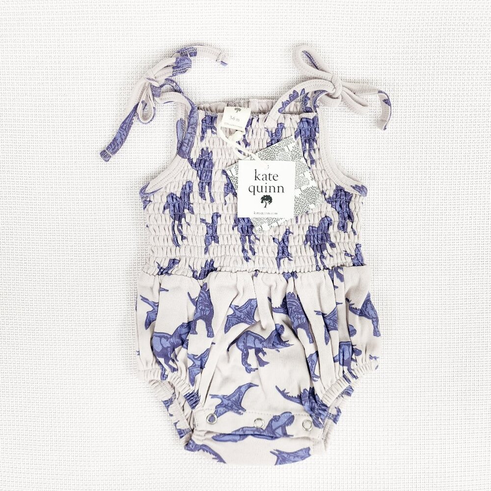 Kate Quinn Purple Dinosaur Organic Smocked Tie Bubble 3-6 Months Summer Romper